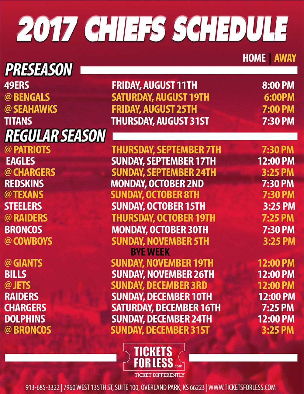 2017 Kansas City Chiefs Schedule Released Chiefs Tickets For Less