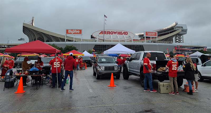 Fans tailgating with their pods at Arrowhead ahead of Chiefs-Texans on 9/10. (Photo courtesy of Melissa Keller Hogan)